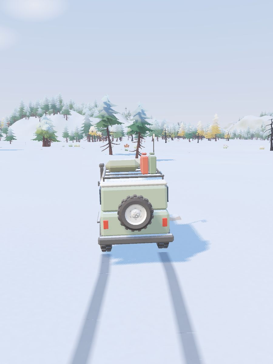 Frost Pass: the truck driving across snow towards frosted pines.