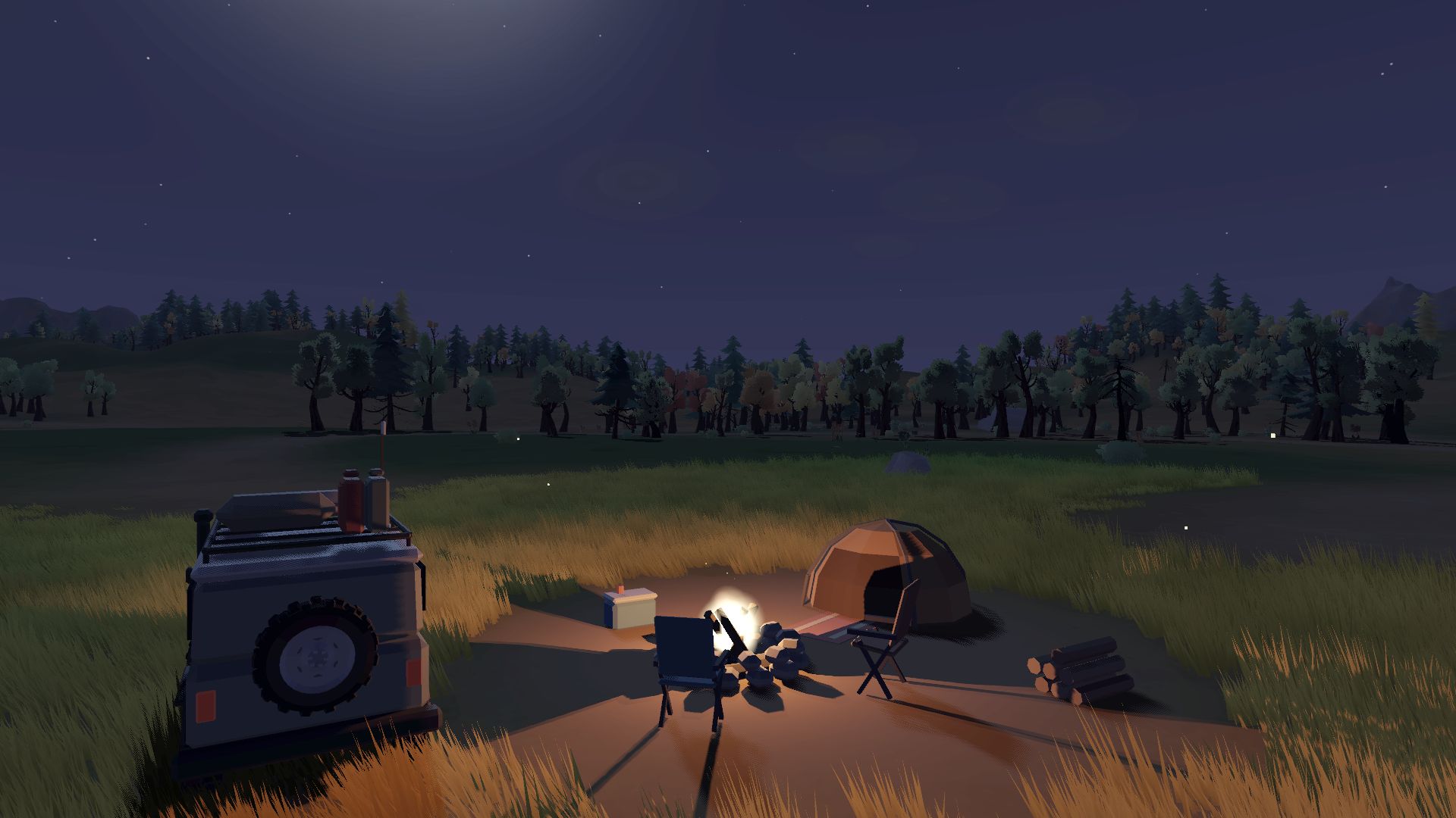 Night camp: a tent, a stone fire pit, two chairs and string lights beside the truck in a meadow.