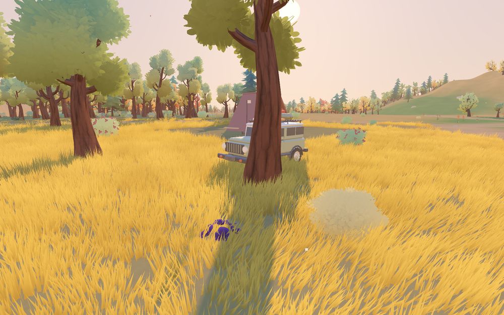 The truck parked in tall golden grass under big shady trees.